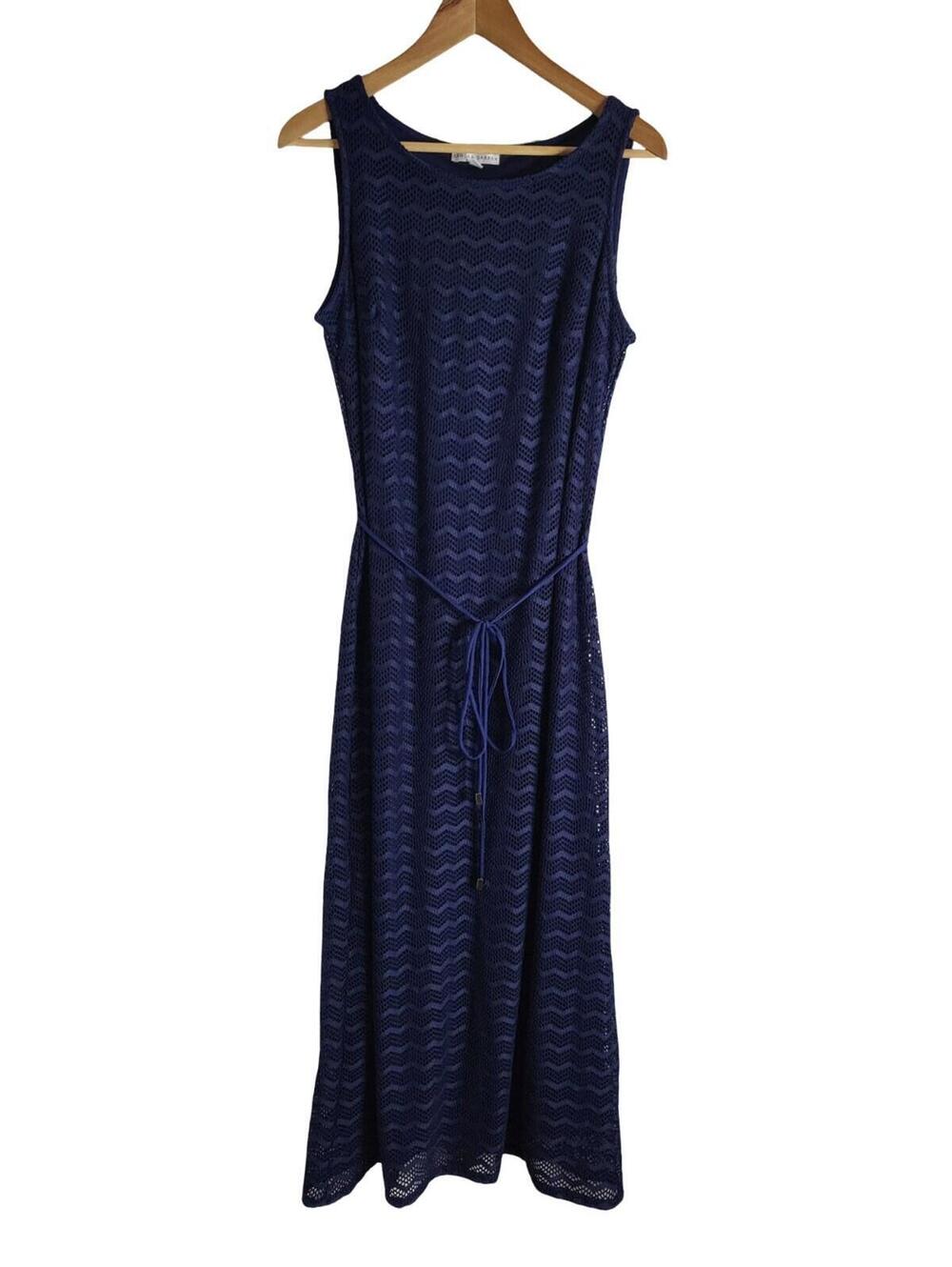 Sandra Darren Sleeveless Embroidered Shell Maxi Dress Navy Blue With Belt Sz 12